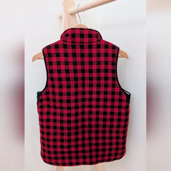 Madewell Buffalo Plaid Puffer Sherpa Lined Collared Vest In Red/Black - Picture 6 of 8
